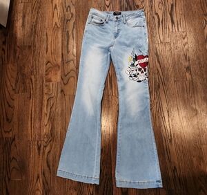 Ed Hardy Light Blue Women Jeans with Skull Design Painted & Embroidered Size 28